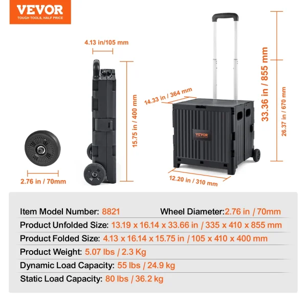 VEVOR Foldable Utility Shopping Cart Folding Portable Crate Handcart with Telescope Handle Wheels for Travel Office Garden Use - Image 7
