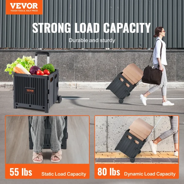 VEVOR Foldable Utility Shopping Cart Folding Portable Crate Handcart with Telescope Handle Wheels for Travel Office Garden Use - Image 2
