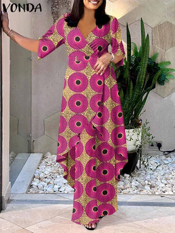 Plus Size 5XL VONDA Women Pants Sets 2025 Casual Printed Suits Vintage V Neck Half Sleeve Tops and Trousers Party Matching Sets - Image 2