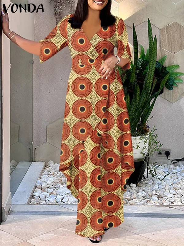 Plus Size 5XL VONDA Women Pants Sets 2025 Casual Printed Suits Vintage V Neck Half Sleeve Tops and Trousers Party Matching Sets