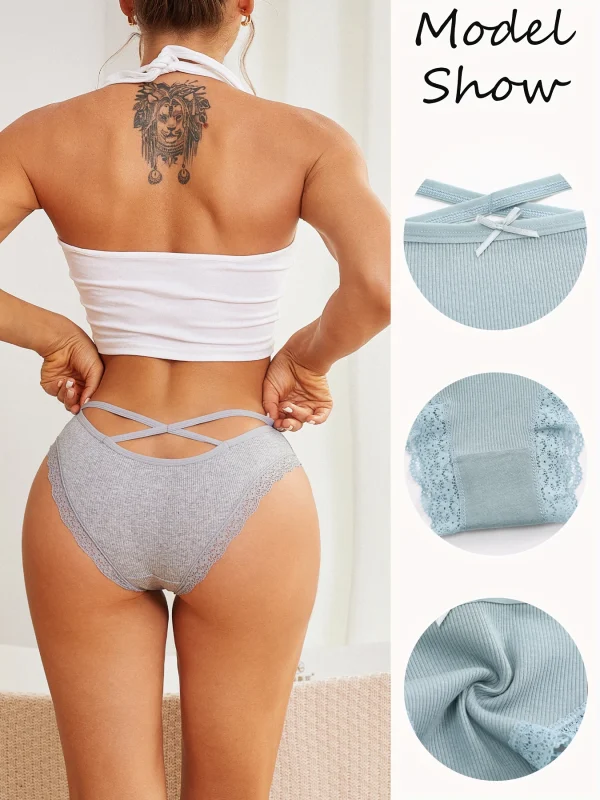 5PCS Women's Cotton Briefs Sexy Lace Underpant Hollow Brazilian Panties Comfortable Underwear Lingerie S-XL Solid Color Lingerie - Image 5
