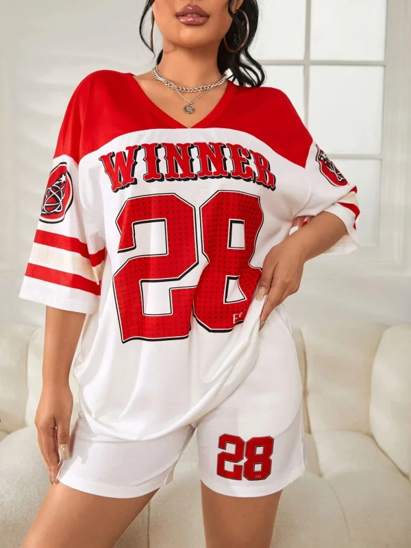 3.18 Fashion Sports Casual Yoga Plus Size Women's Clothing Set Alphanumeric Printed T-shirt and Sports Shorts, Comfortable Set - Image 7