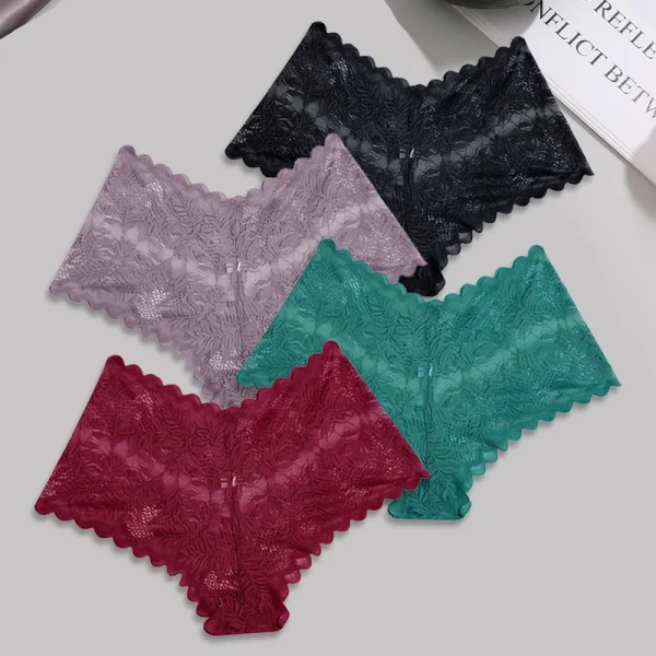 FINETOO 4pcs Lace Floral Boyshorts Underwear for Women Sexy Hollow Out Solid Panties Female Low-Waist Breathable Girls Lingerie - Image 15
