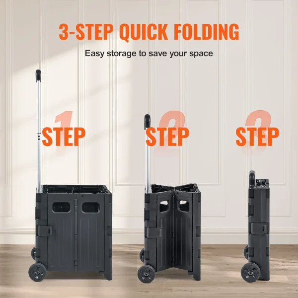 VEVOR Foldable Utility Shopping Cart Folding Portable Crate Handcart with Telescope Handle Wheels for Travel Office Garden Use - Image 4