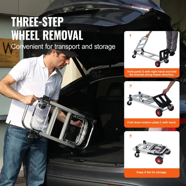 VEVOR 400 lbs Folding Hand Truck Lightweight Dolly with Wheels Foldable Luggage Utility Cart for Transport Moving in Warehouse - Image 6
