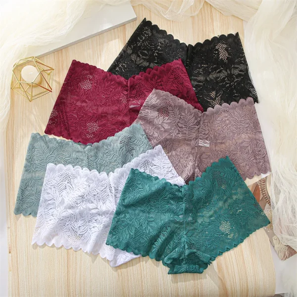 FINETOO 4pcs Lace Floral Boyshorts Underwear for Women Sexy Hollow Out Solid Panties Female Low-Waist Breathable Girls Lingerie - Image 3