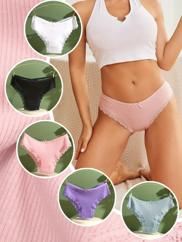 5PCS Women's Cotton Briefs Sexy Lace Underpant Hollow Brazilian Panties Comfortable Underwear Lingerie S-XL Solid Color Lingerie - Image 3