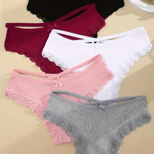 5PCS Women's Cotton Briefs Sexy Lace Underpant Hollow Brazilian Panties Comfortable Underwear Lingerie S-XL Solid Color Lingerie