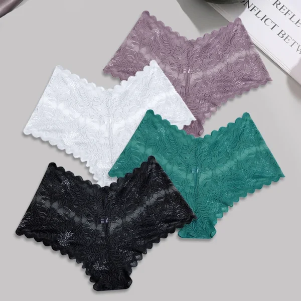 FINETOO 4pcs Lace Floral Boyshorts Underwear for Women Sexy Hollow Out Solid Panties Female Low-Waist Breathable Girls Lingerie - Image 9