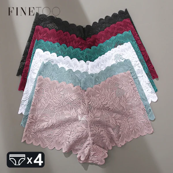 FINETOO 4pcs Lace Floral Boyshorts Underwear for Women Sexy Hollow Out Solid Panties Female Low-Waist Breathable Girls Lingerie - Image 2