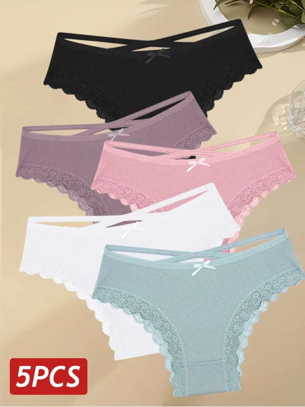 5PCS Women's Cotton Briefs Sexy Lace Underpant Hollow Brazilian Panties Comfortable Underwear Lingerie S-XL Solid Color Lingerie - Image 9