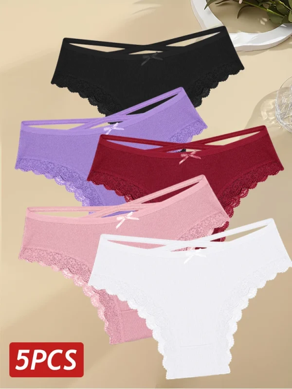 5PCS Women's Cotton Briefs Sexy Lace Underpant Hollow Brazilian Panties Comfortable Underwear Lingerie S-XL Solid Color Lingerie - Image 10