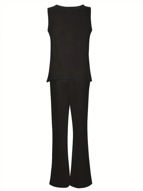 Plus Size 1XL-5XL Women's Casual Outfits Two Piece Set Solid Round Neck Tank Top  Wide Leg Pants Outfits 2 Piece Set - Image 15