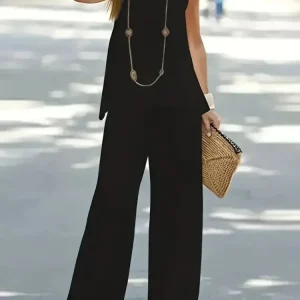 Plus Size 1XL-5XL Women's Casual Outfits Two Piece Set Solid Round Neck Tank Top  Wide Leg Pants Outfits 2 Piece Set