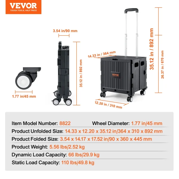 VEVOR Foldable Utility Shopping Cart Folding Portable Crate Handcart with Telescope Handle Wheels for Travel Office Garden Use - Image 8