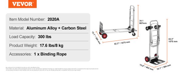 VEVOR 400 lbs Folding Hand Truck Lightweight Dolly with Wheels Foldable Luggage Utility Cart for Transport Moving in Warehouse - Image 14