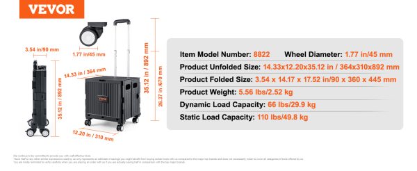 VEVOR Foldable Utility Shopping Cart Folding Portable Crate Handcart with Telescope Handle Wheels for Travel Office Garden Use - Image 16