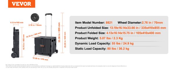 VEVOR Foldable Utility Shopping Cart Folding Portable Crate Handcart with Telescope Handle Wheels for Travel Office Garden Use - Image 15